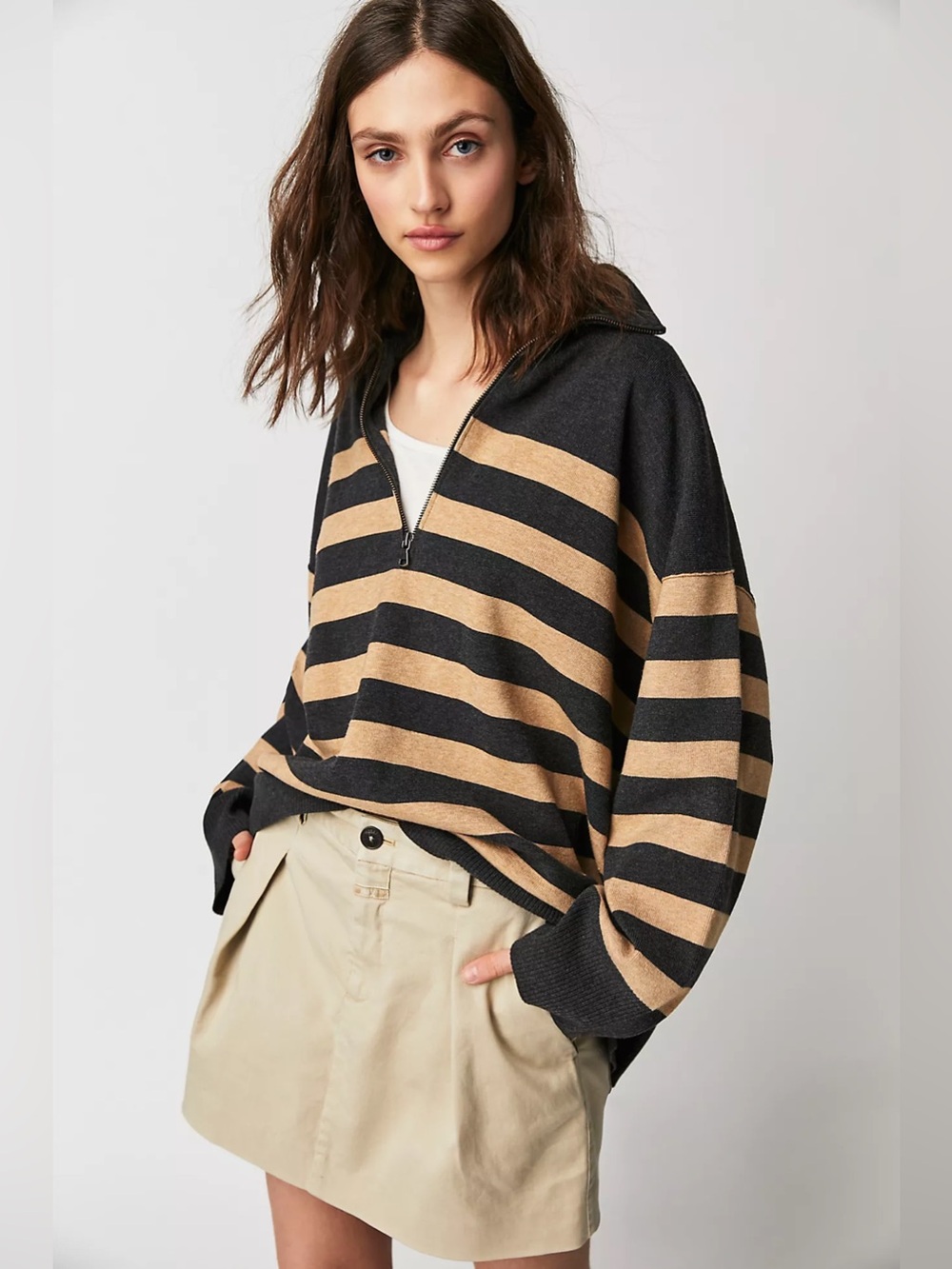 Free People Coastal Stripe Half-Zip Pullover Sweater in Dark Gray & Tan, Sz XL